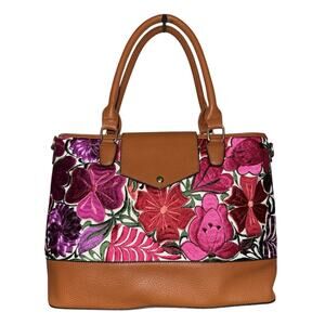 Mexican Embroidered Floral Lg Tan Purse Shoulder Bag Oaxaca Artisanal + Wallet
